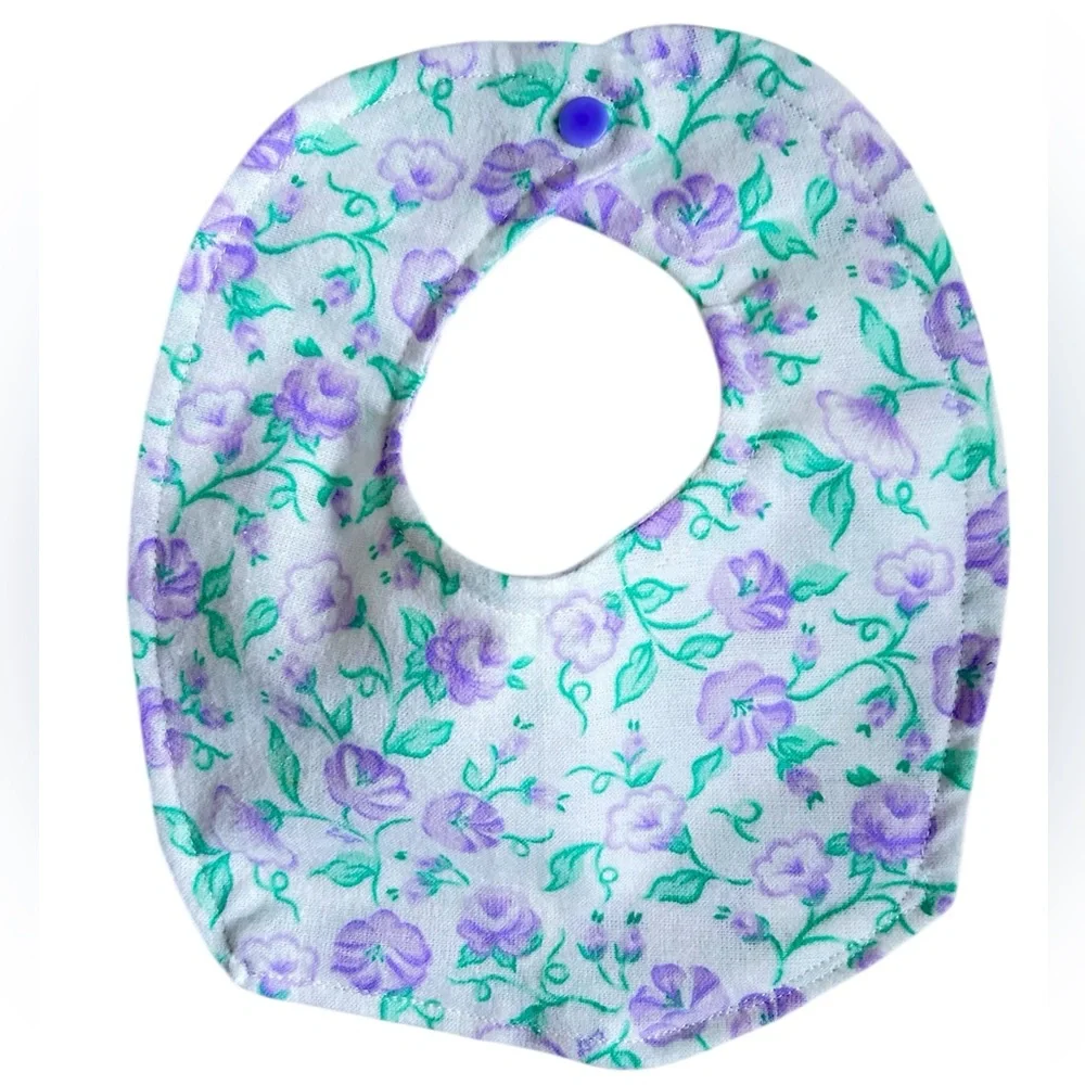 Hand Crafted Purple Floral Baby Bib with Green Leaves Soft Flannel 0-3 months